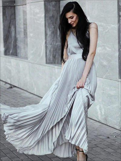 Womens Spring High Waist Pleated Maxi Skirt - Womens Bottoms
