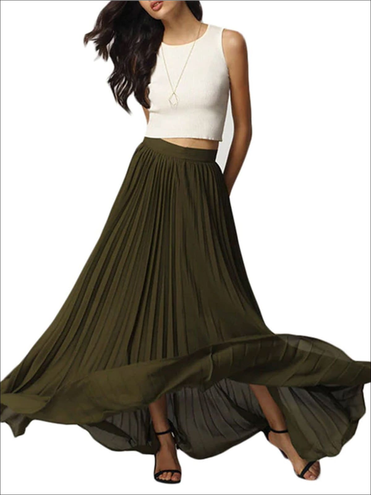 Womens Spring High Waist Pleated Maxi Skirt - Green / XS - Womens Bottoms