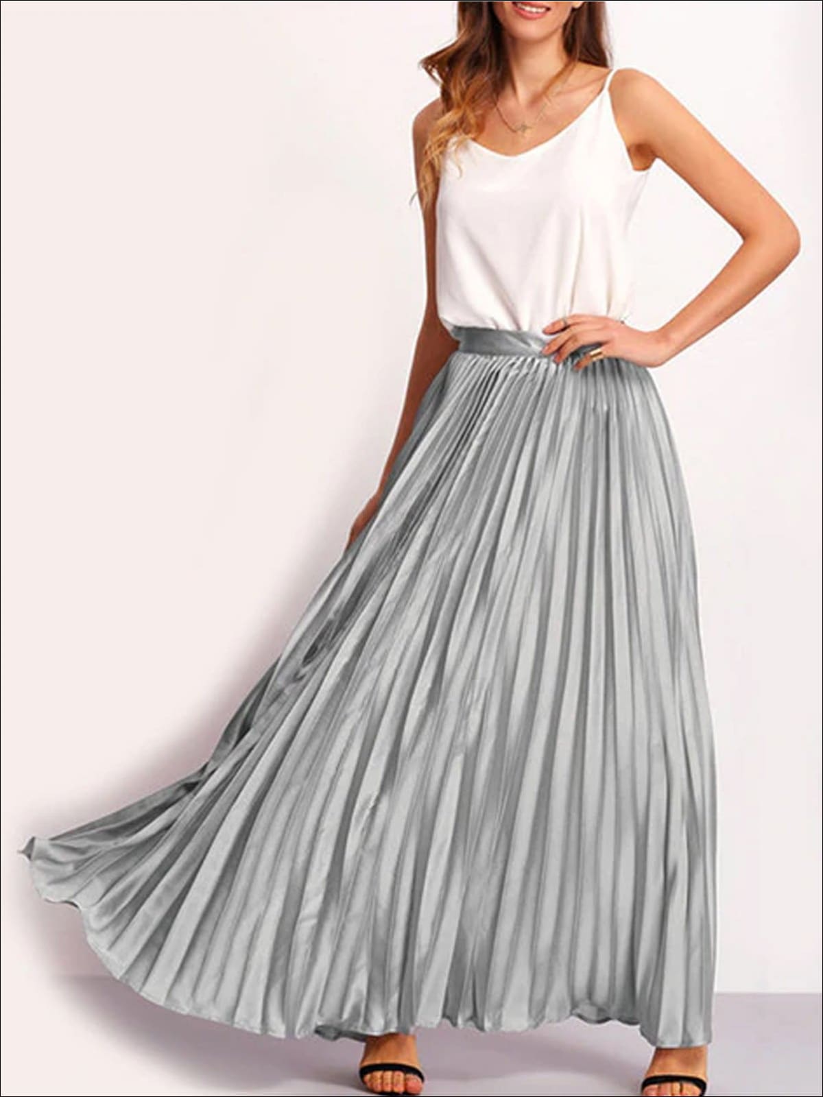 Womens Spring High Waist Pleated Maxi Skirt - Silver / XS - Womens Bottoms