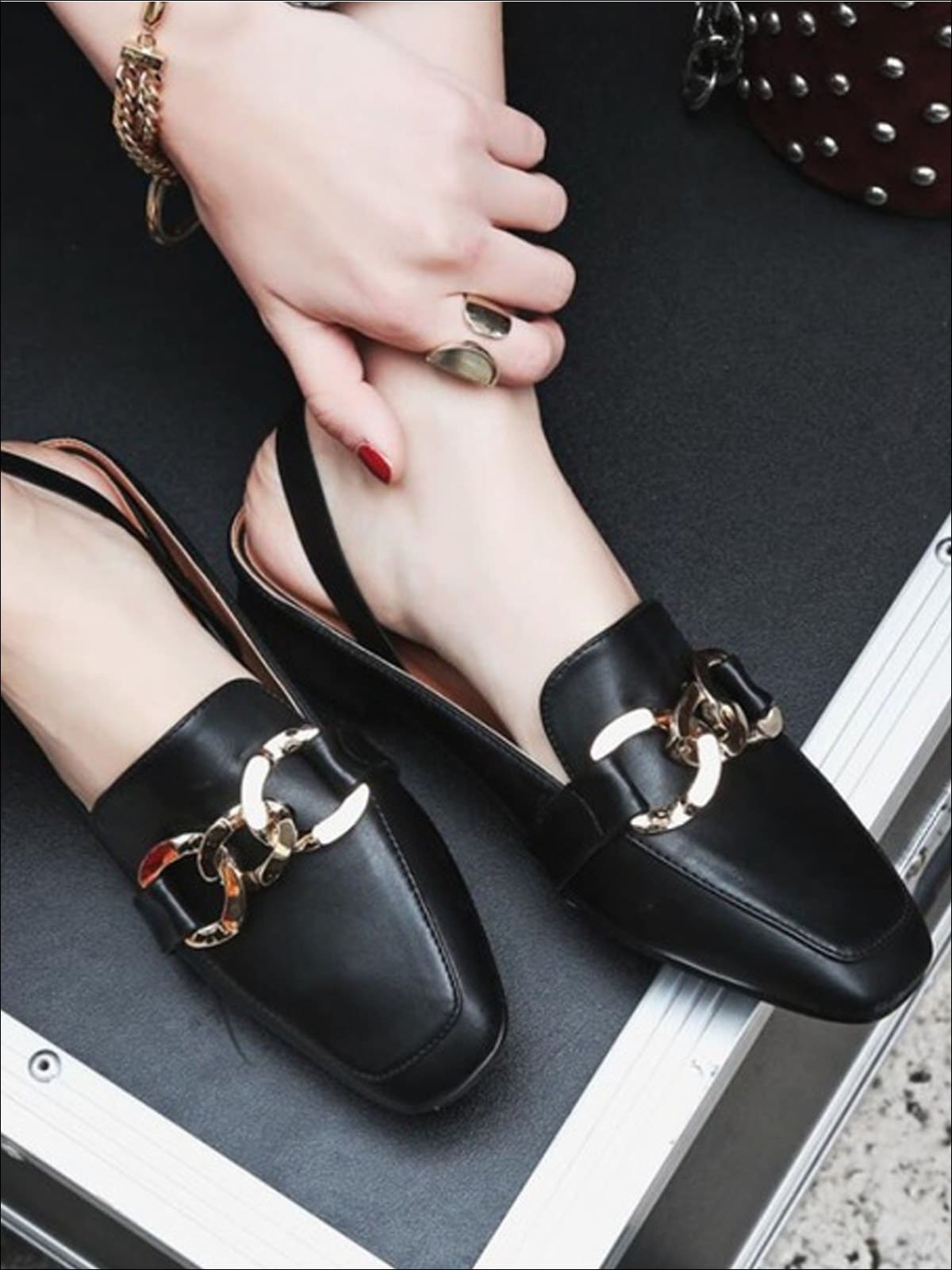 Womens Square Low Heel Metal Applique Mules Sandals - Womens Shoes