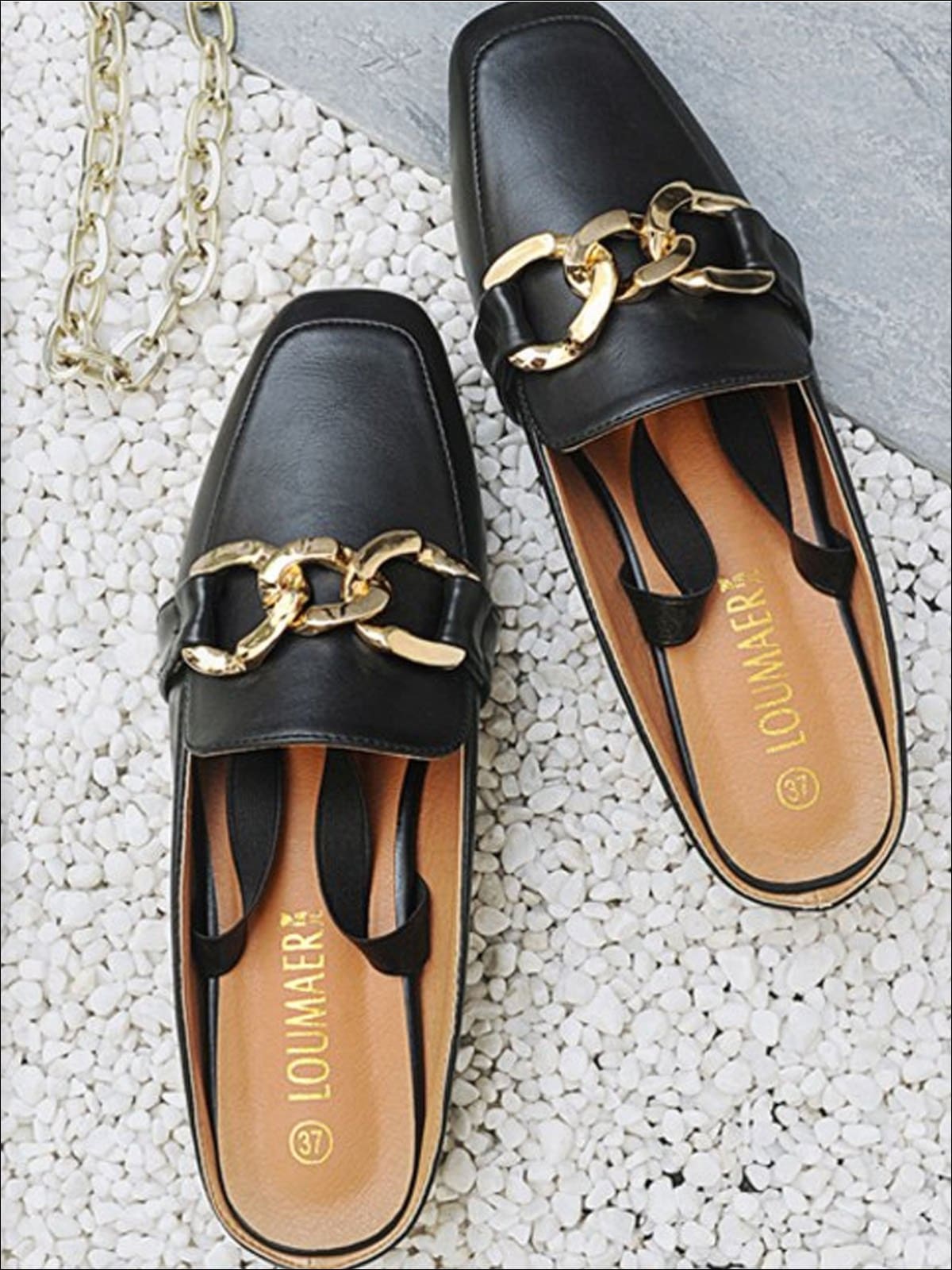 Womens Square Low Heel Metal Applique Mules Sandals - Black Chain / 5 - Womens Shoes