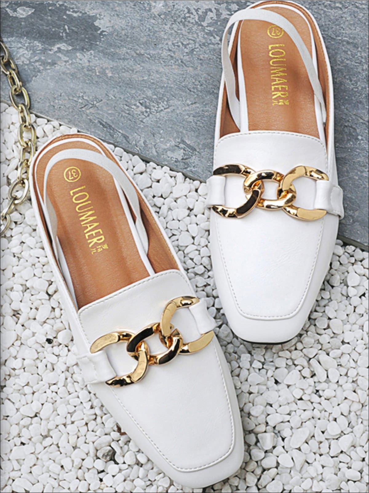 Womens Square Low Heel Metal Applique Mules Sandals - White Chain / 5 - Womens Shoes