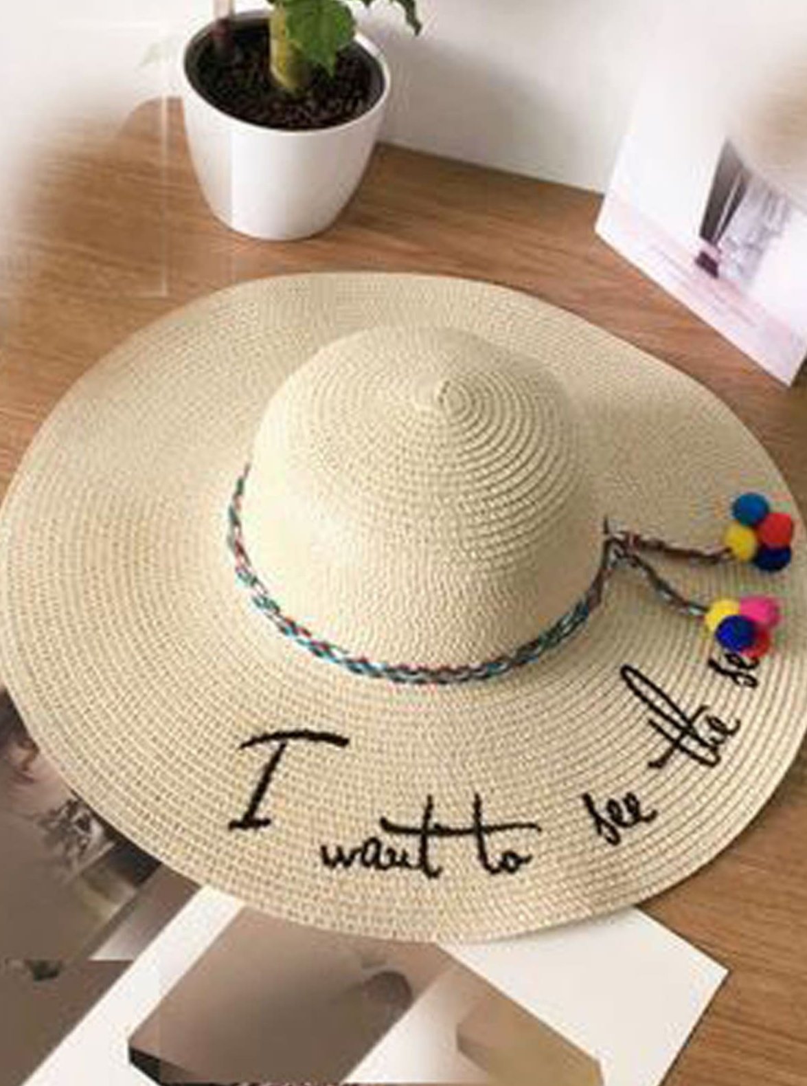 Womens Statement Embroidered Summer Hat With Pom Poms - Beige - Womens Accessories