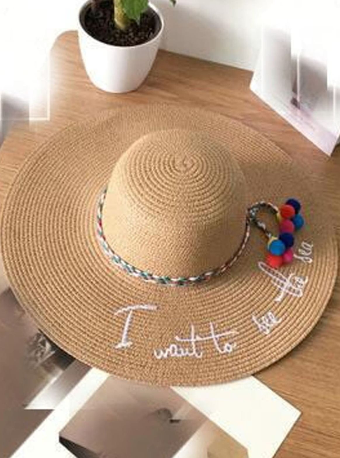 Womens Statement Embroidered Summer Hat With Pom Poms - Brown - Womens Accessories