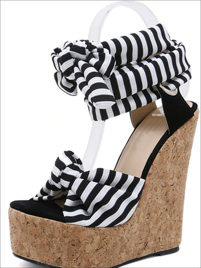 Womens Striped Ankle Strap Wedges - Black / 4 - Womens Sandals