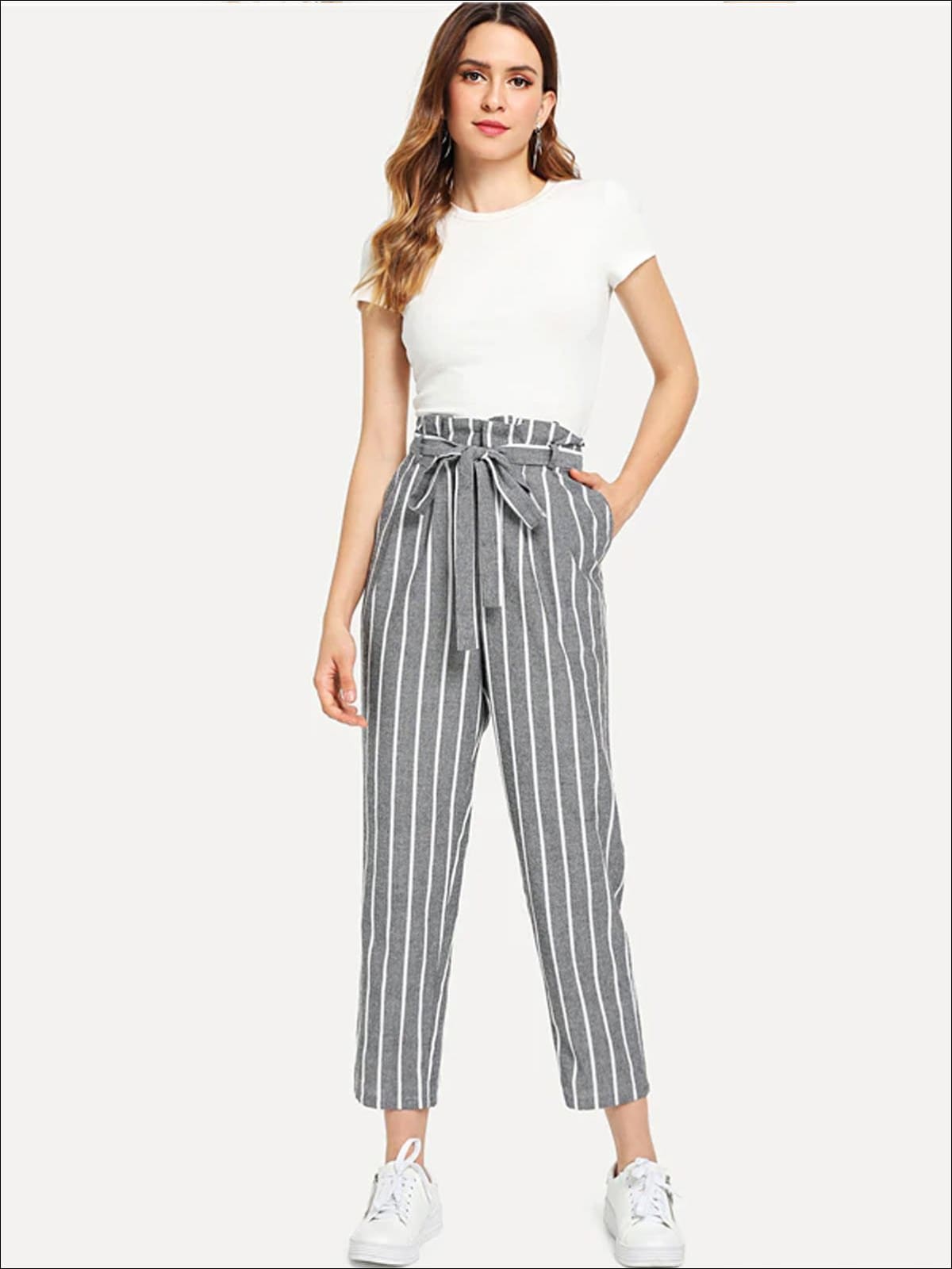 Womens Striped Belted Tapered Pants - Womens Bottoms