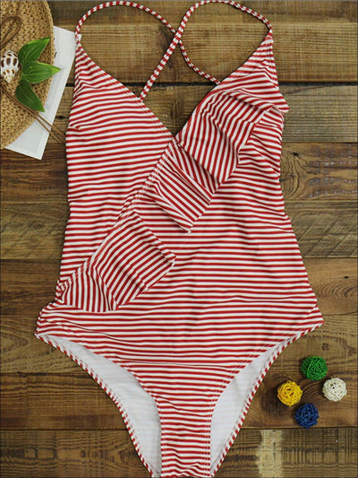 Womens Striped Cross Back Ruffled Monokini - Womens Swimsuit