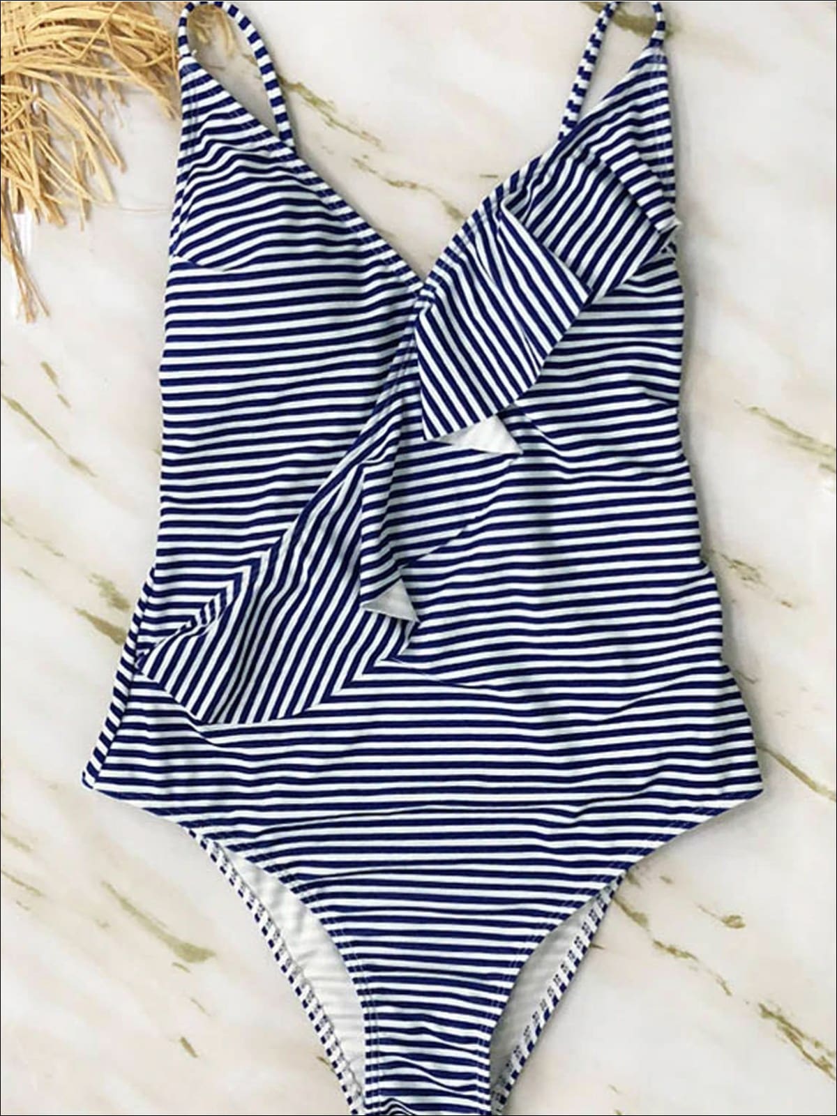 Womens Striped Cross Back Ruffled Monokini - Womens Swimsuit