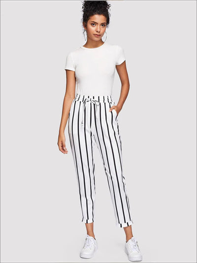 Womens Striped Drawstring Waist Tapered Pants With Folded Hem Detail - Womens Bottoms