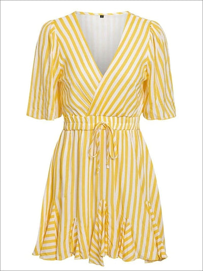 Womens Striped Faux Wrap Ruffle Detail A-Line Dress - Womens Dresses