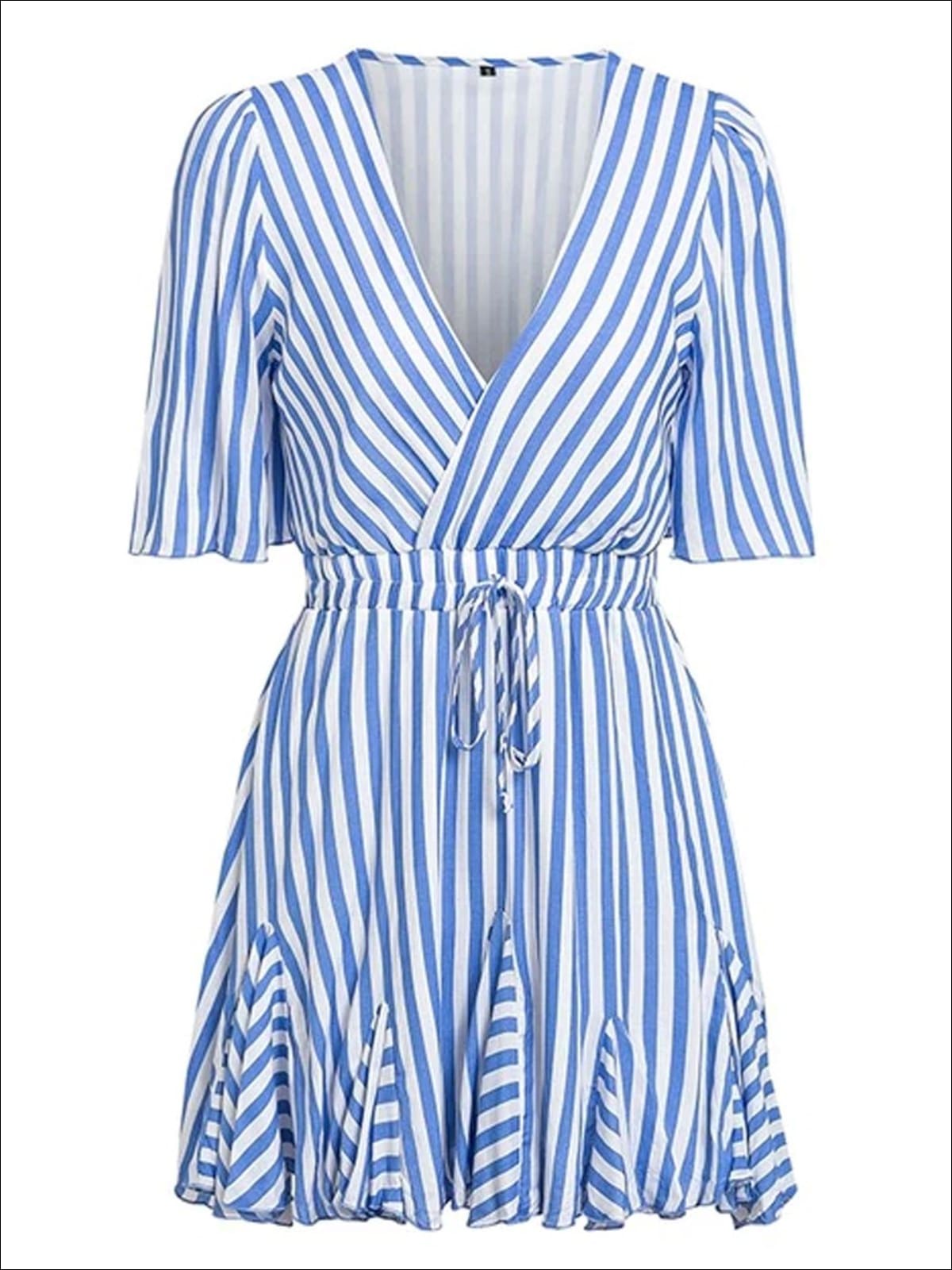 Womens Striped Faux Wrap Ruffle Detail A-Line Dress - Womens Dresses