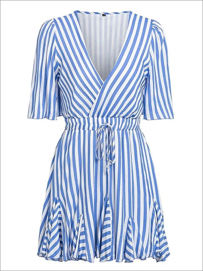Womens Striped Faux Wrap Ruffle Detail A-Line Dress - Womens Dresses
