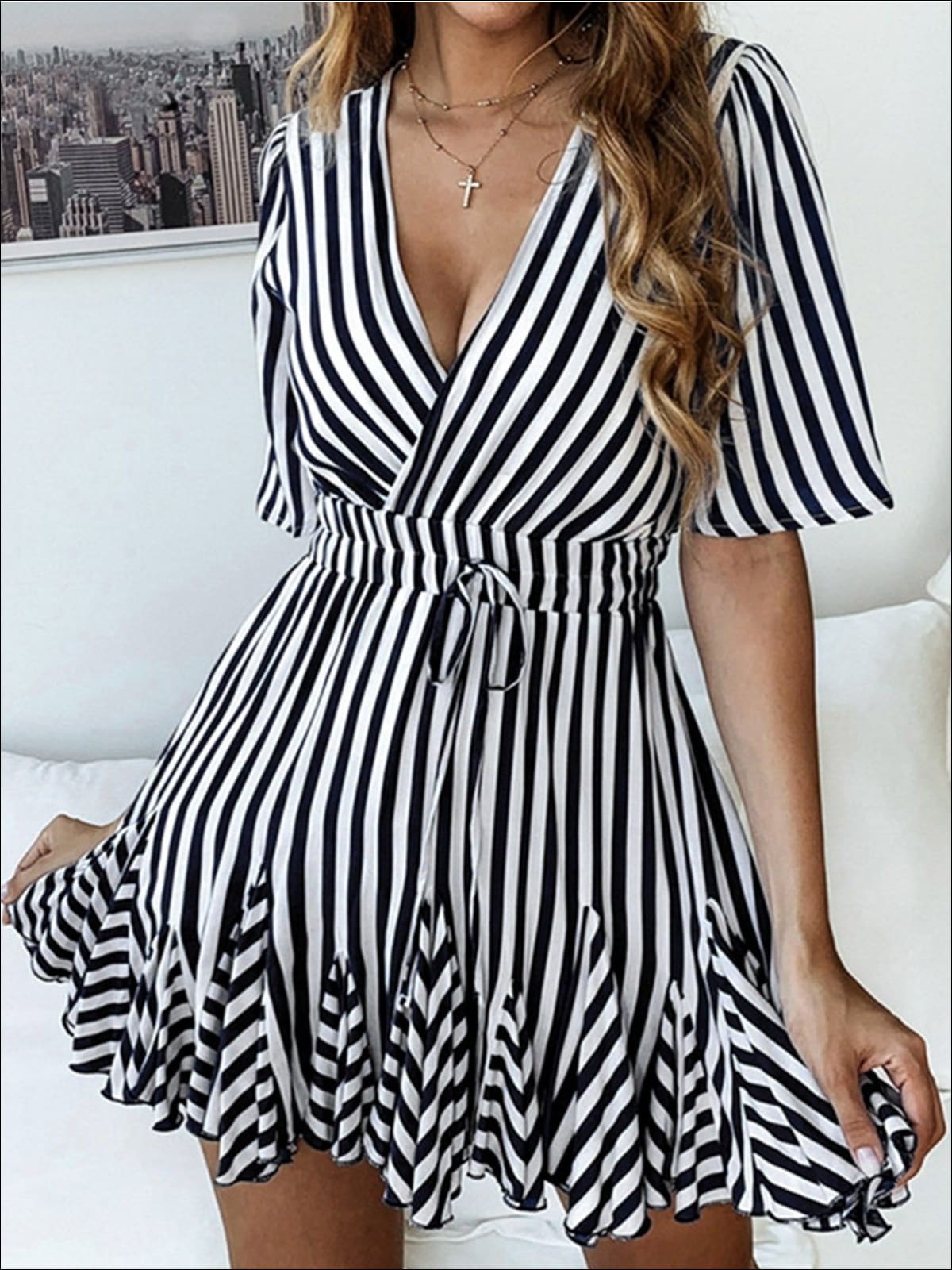 Womens Striped Faux Wrap Ruffle Detail A-Line Dress - Black / S - Womens Dresses