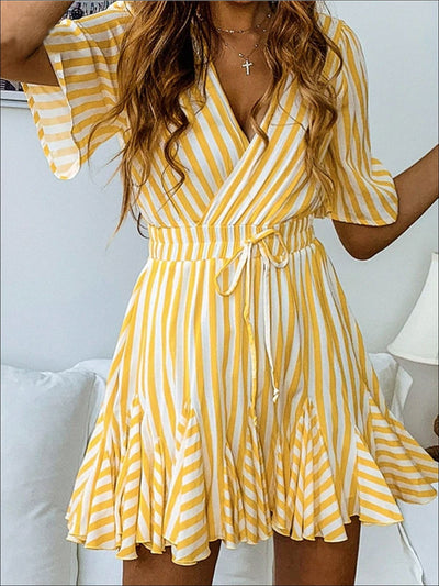 Womens Striped Faux Wrap Ruffle Detail A-Line Dress - Yellow / S - Womens Dresses