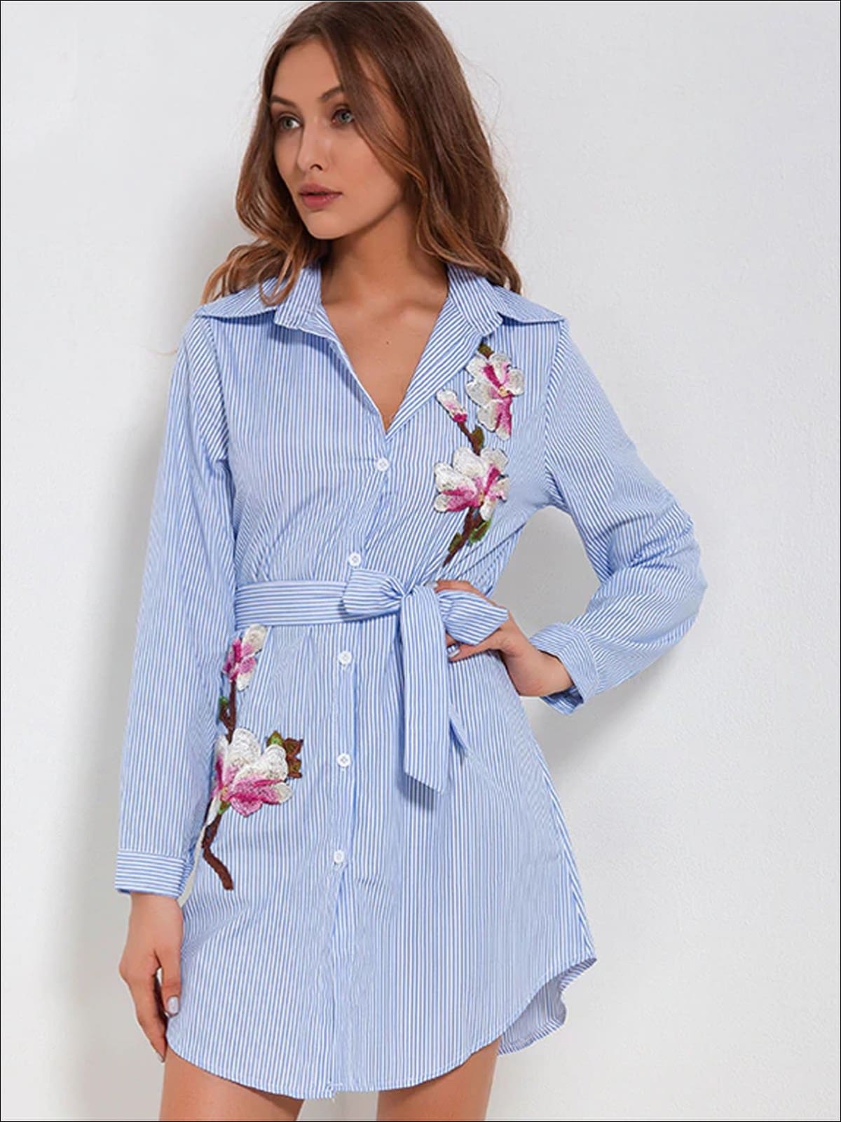 Womens Striped Floral Embroidered Belted Shirt Dress - Womens Dresses