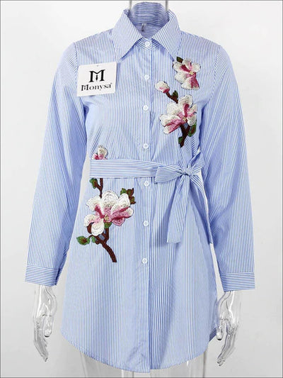 Womens Striped Floral Embroidered Belted Shirt Dress - Womens Dresses