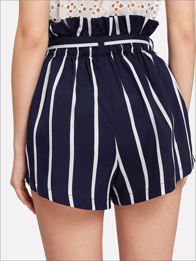 Womens Striped Frill Trim Waist Casual Belted Shorts - Womens Bottoms