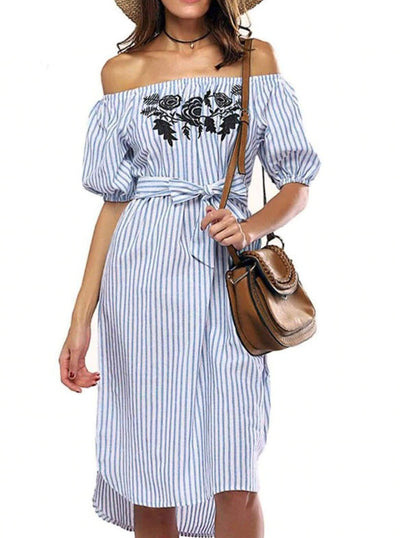 Womens Striped Off The Shoulder Hi-Lo Dress - Womens Dresses