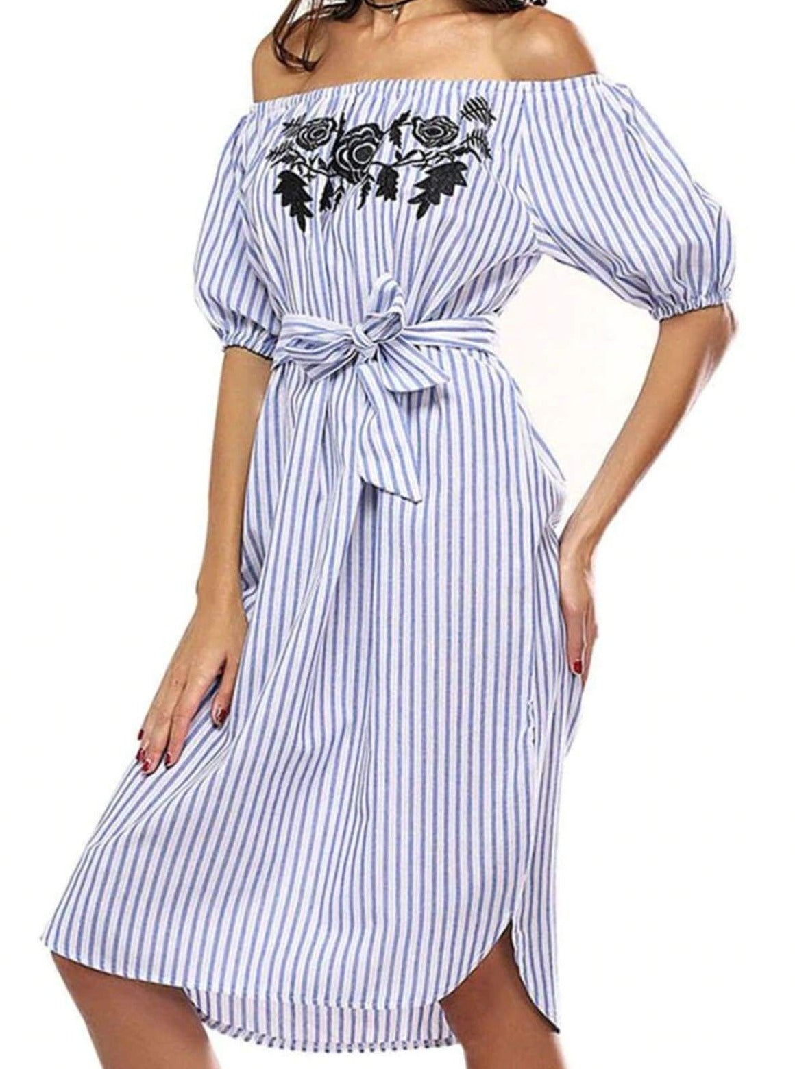Womens Striped Off The Shoulder Hi-Lo Dress - Womens Dresses