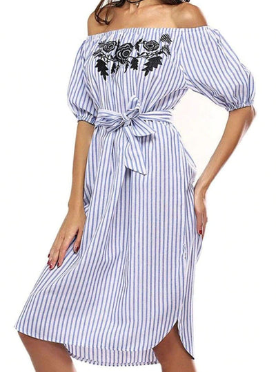 Womens Striped Off The Shoulder Hi-Lo Dress - Womens Dresses