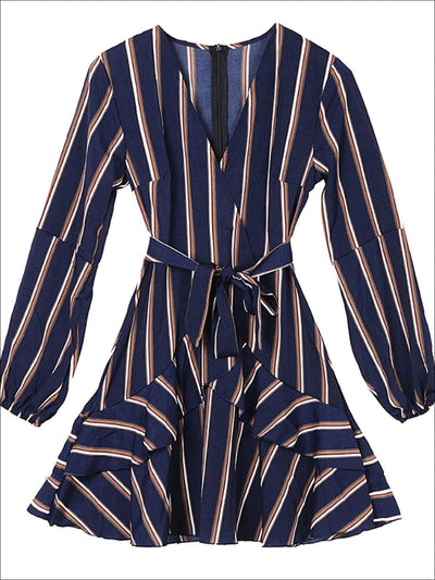 Womens Striped Ruffled Hem Summer Wrap Dress - Womens Dresses
