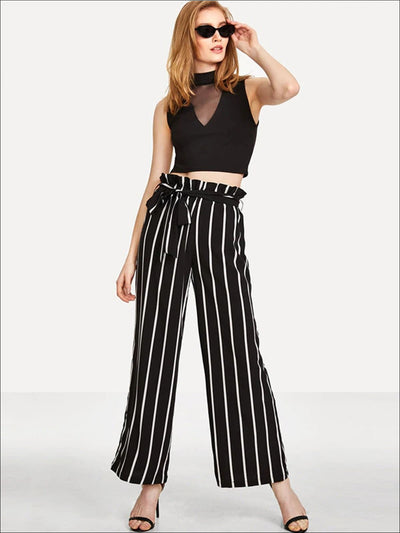 Womens Striped Ruffled High Waist Pants - Womens Bottoms