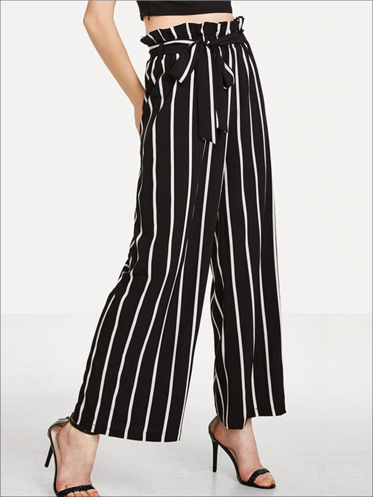 Womens Striped Ruffled High Waist Pants - Black / XS - Womens Bottoms