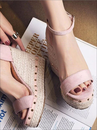 Womens Studded High Heel Ankle Strap Wedges - Womens Sandals