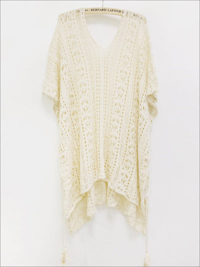 Womens Summer Knit Tassel Side Slit Beach Cover-Up - Beige / One Size - Womens Swimsuit