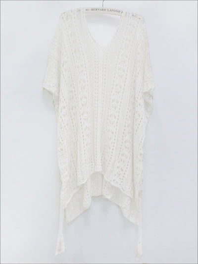 Womens Summer Knit Tassel Side Slit Beach Cover-Up - White / One Size - Womens Swimsuit