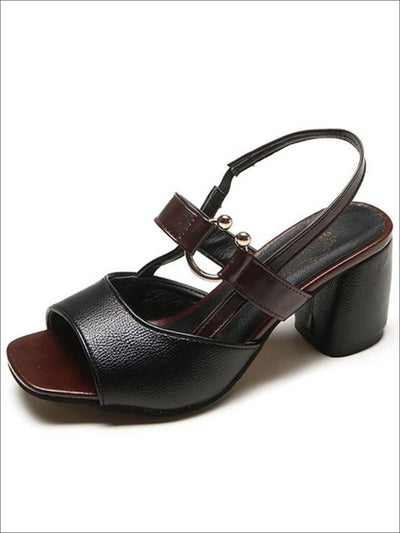 Womens Synthetic Leather Open Toe Block Heel Sandals - Black / 4 - Womens Sandals