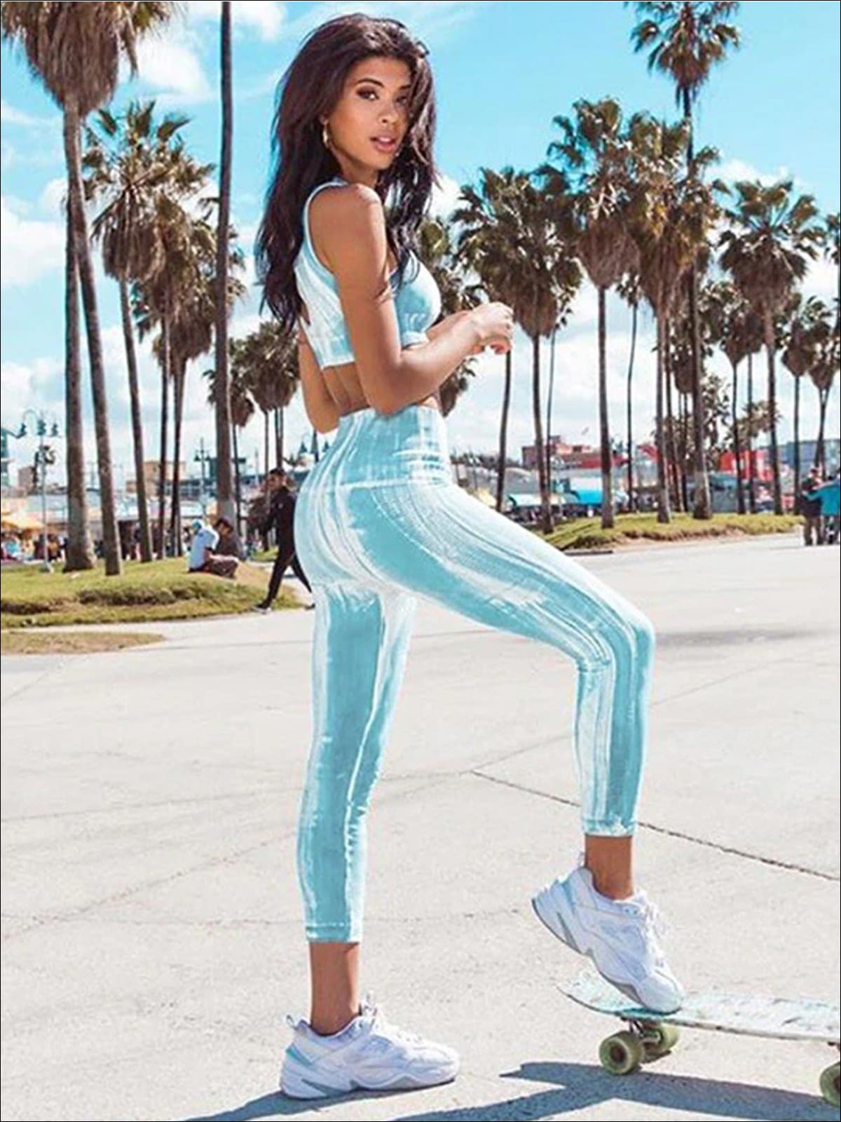 Womens Tie-Dye Workout Crop Top & Leggings Set - Blue / S - Womens Activewear