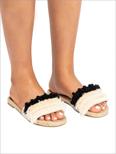 Womens Tiered Fringe Slip On Sandals With Pompom Detail - Womens Sandals
