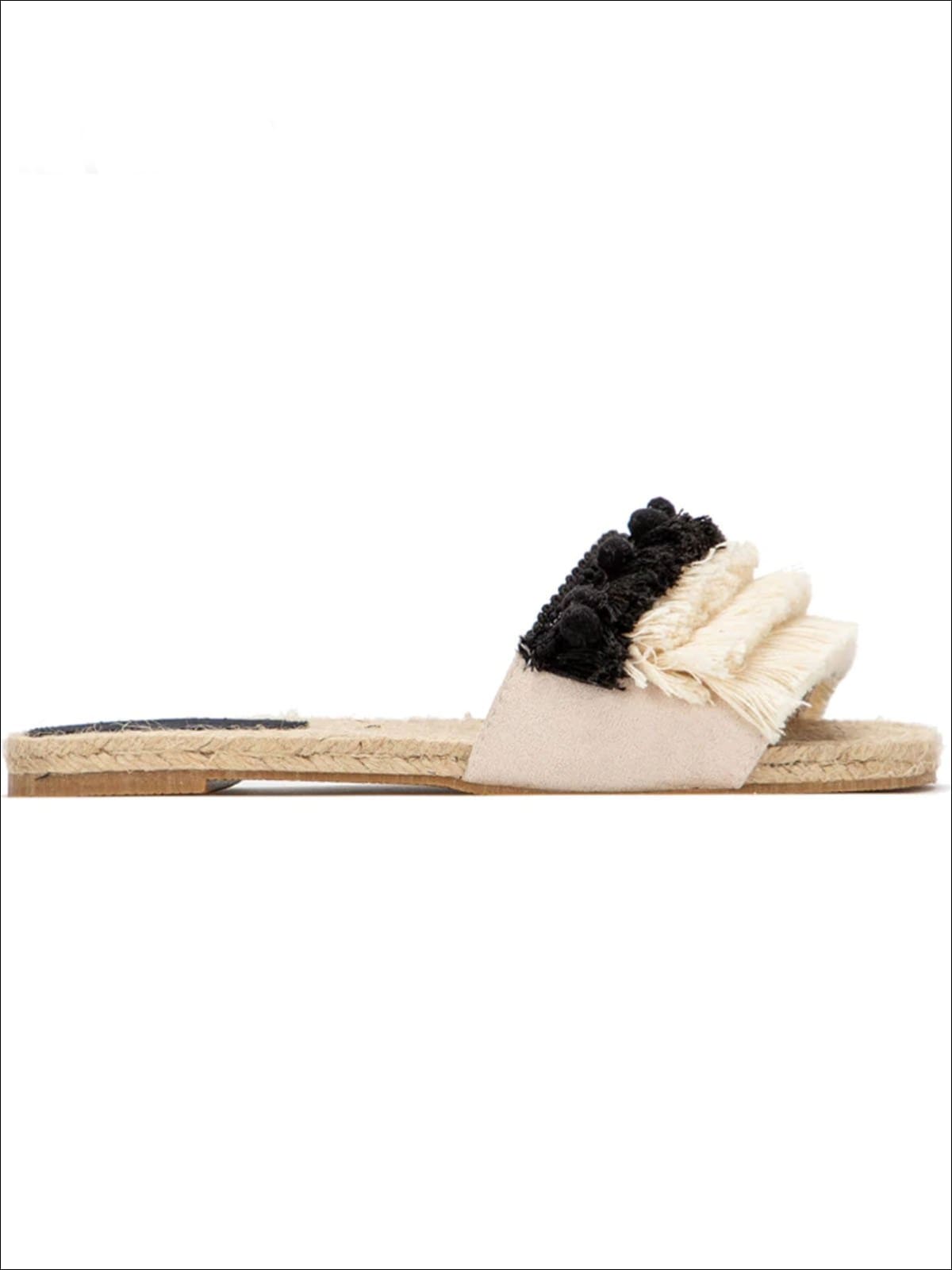 Womens Tiered Fringe Slip On Sandals With Pompom Detail - Womens Sandals