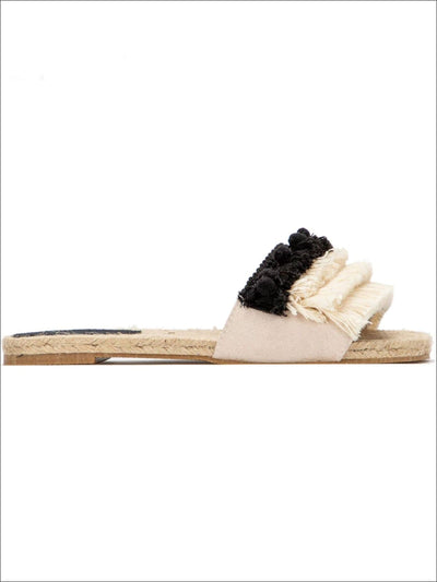 Womens Tiered Fringe Slip On Sandals With Pompom Detail - Womens Sandals