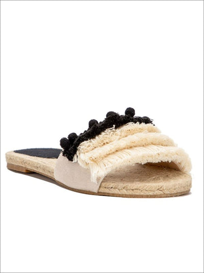 Womens Tiered Fringe Slip On Sandals With Pompom Detail - Womens Sandals