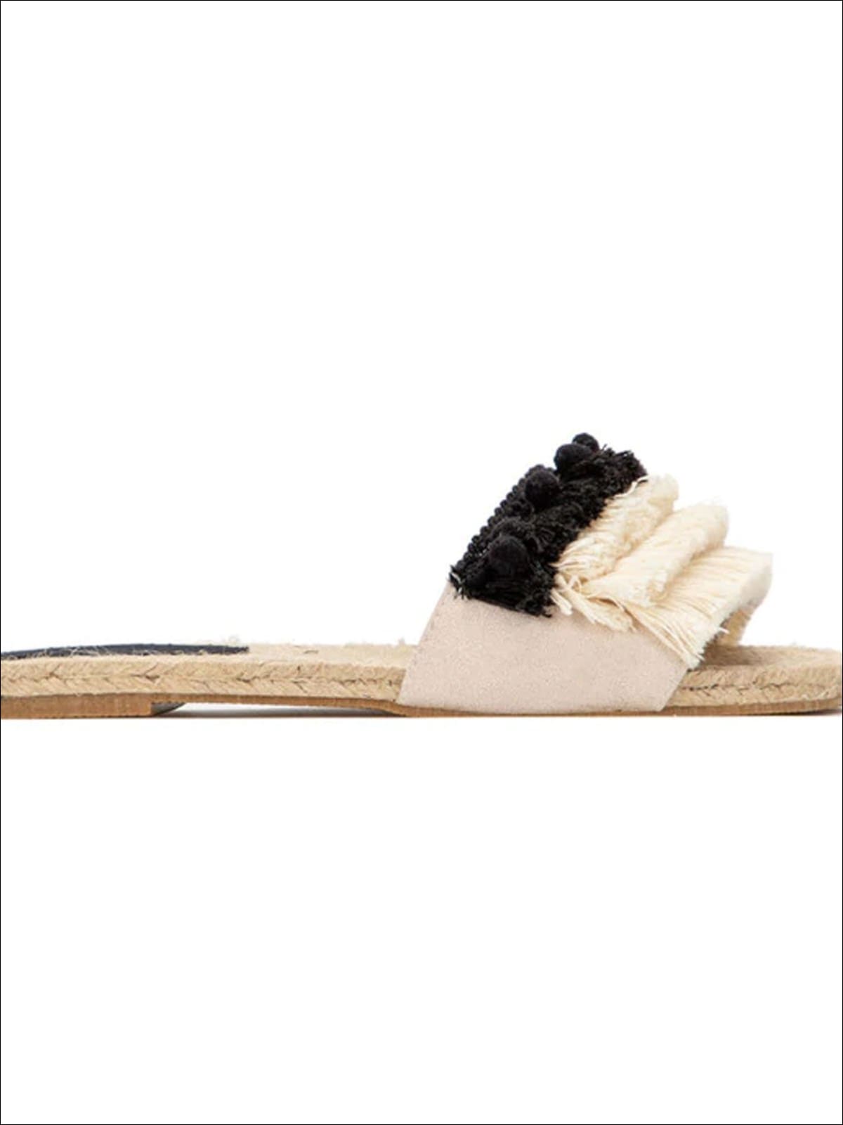 Womens Tiered Fringe Slip On Sandals With Pompom Detail - Beige / 5 - Womens Sandals