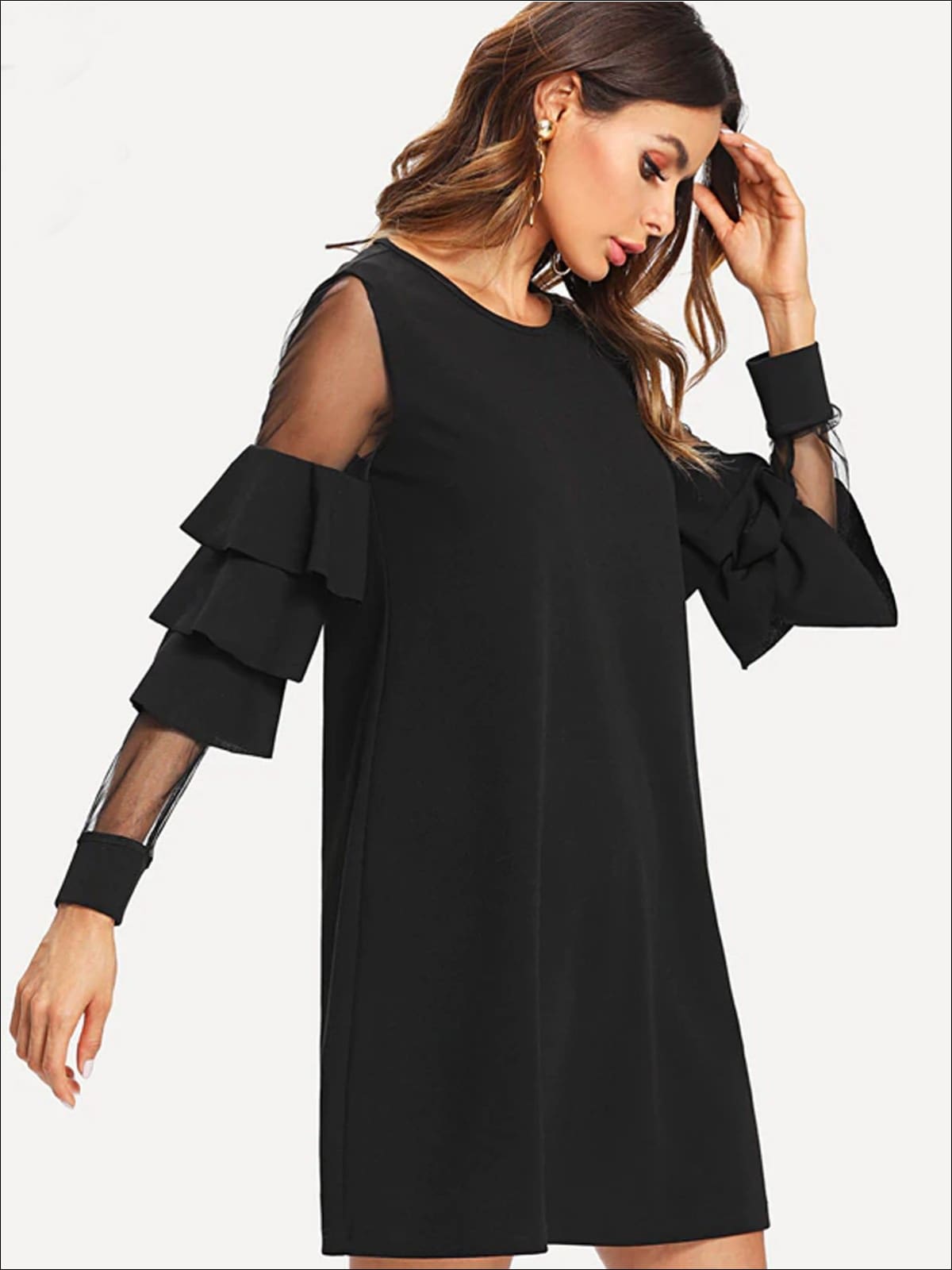 Womens Tiered Layer Ruffled Sleeve Mesh Dress - Womens Dresses