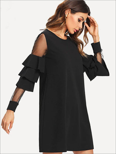 Womens Tiered Layer Ruffled Sleeve Mesh Dress - Womens Dresses