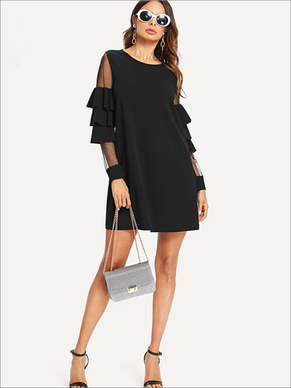 Womens Tiered Layer Ruffled Sleeve Mesh Dress - Womens Dresses