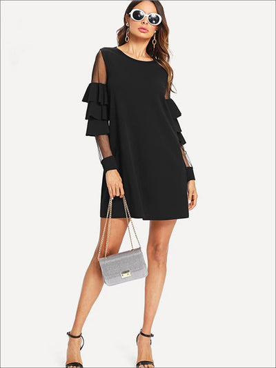 Womens Tiered Layer Ruffled Sleeve Mesh Dress - Womens Dresses