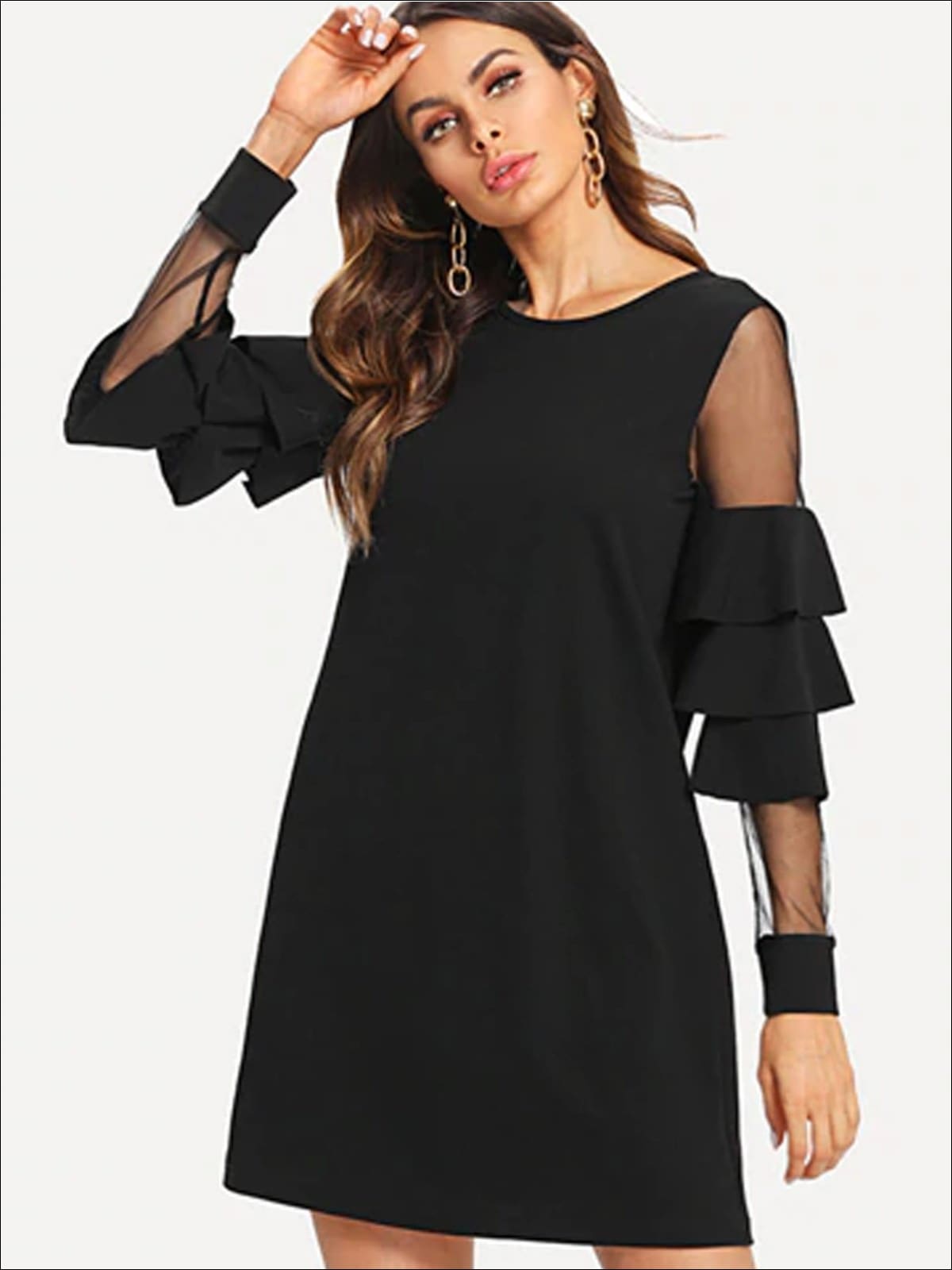 Womens Tiered Layer Ruffled Sleeve Mesh Dress - Womens Dresses