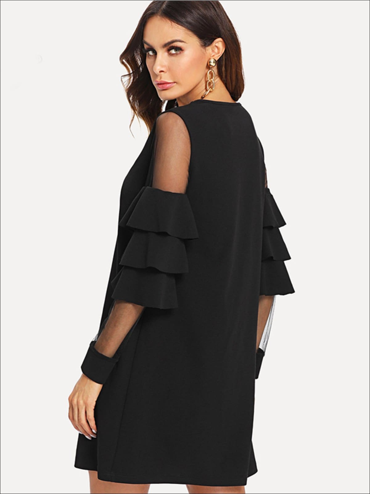 Womens Tiered Layer Ruffled Sleeve Mesh Dress - Womens Dresses