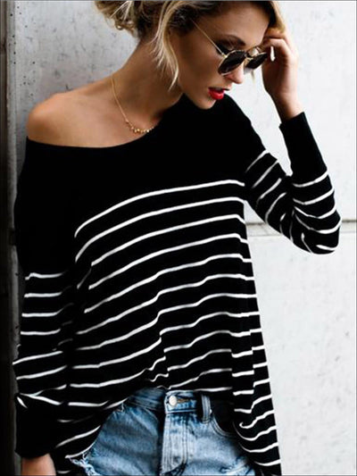 Women’s Trendy Oversized Off Shoulder Striped Sweater - Women’s Tops