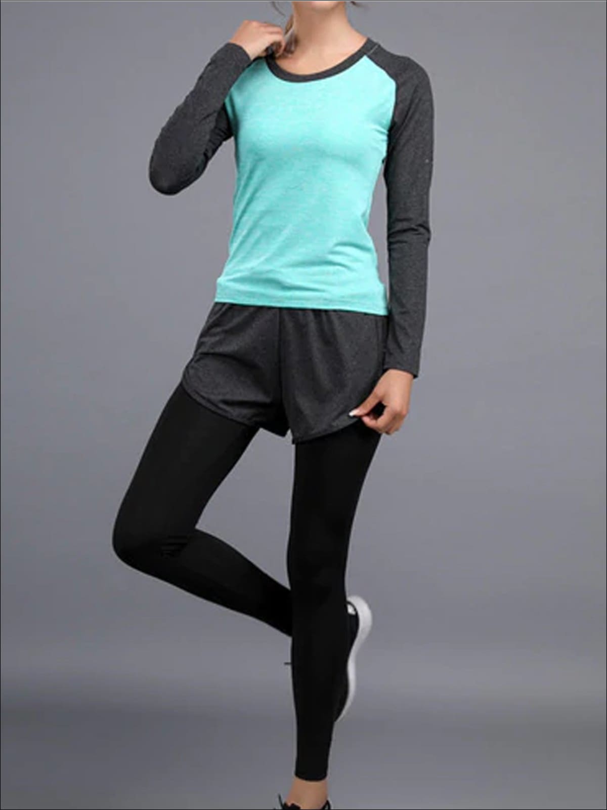 Womens Two Tone Active Long Sleeve Top & Leggings with Shorts Set - Mint / S - Womens Activewear