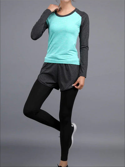 Womens Two Tone Active Long Sleeve Top & Leggings with Shorts Set - Mint / S - Womens Activewear