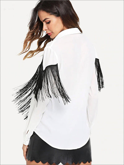 Womens Two Toned Fringe Long Sleeve Blouse - Womens Tops