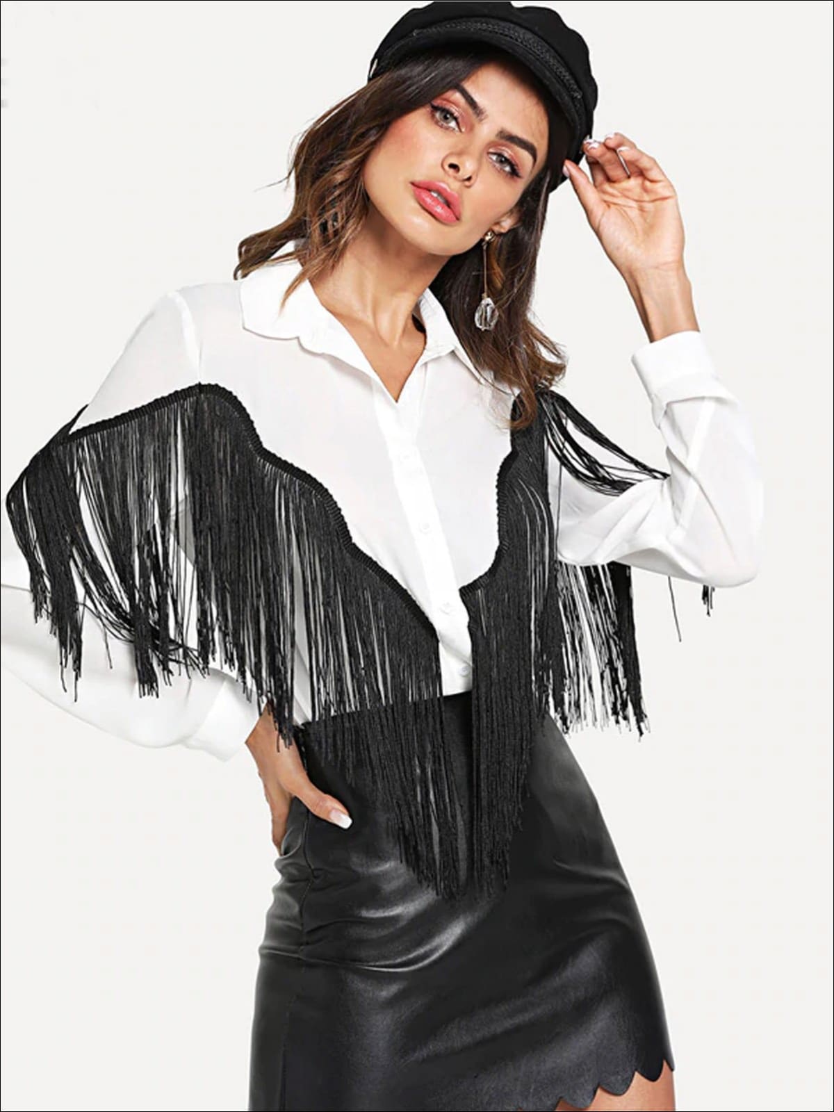 Womens Two Toned Fringe Long Sleeve Blouse - Womens Tops