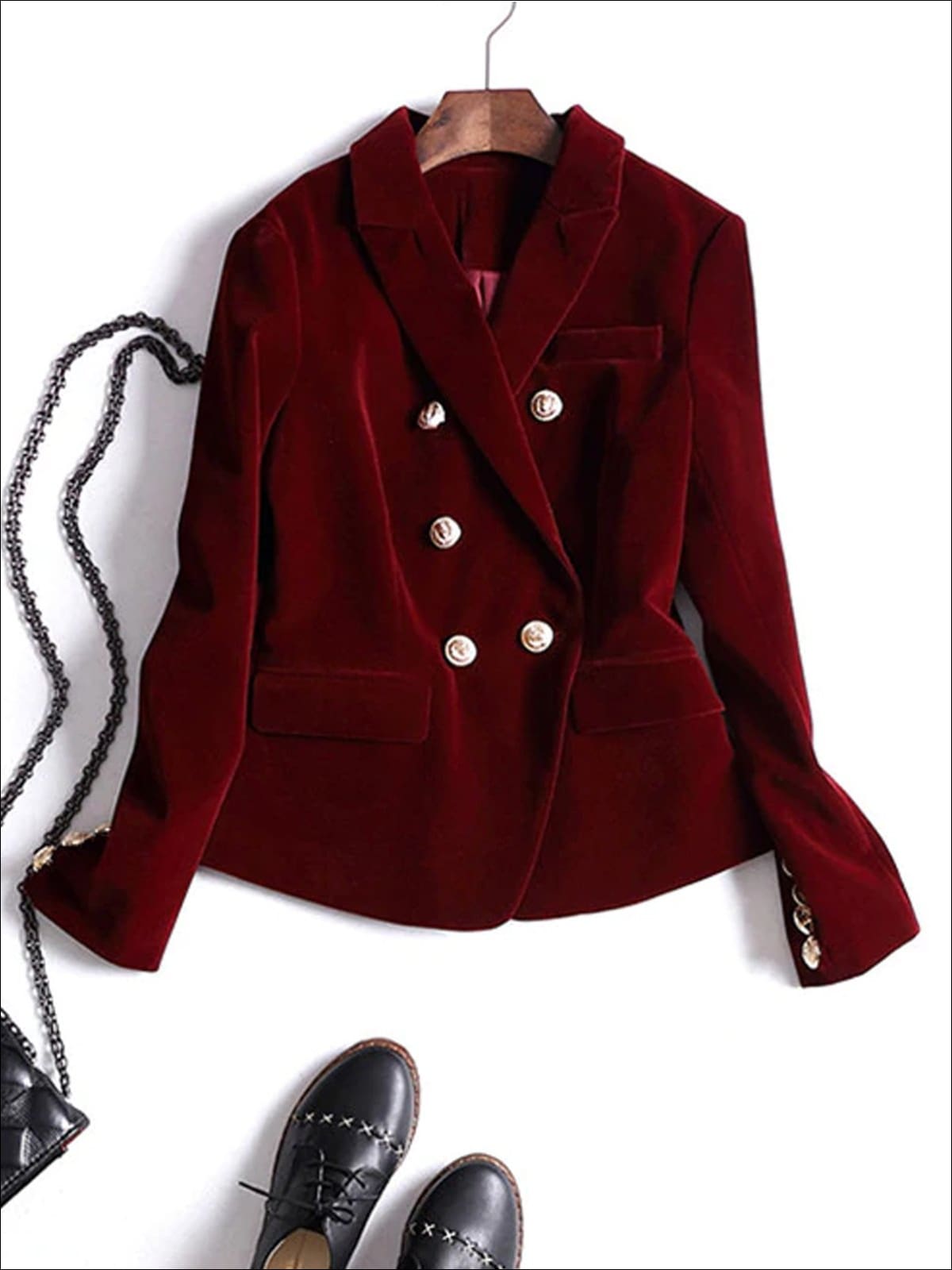 Womens Velvet Blazer (Burgundy & Black) - Wine / M - Womens Outerwear