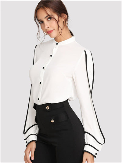 Womens White Button Up Long Sleeve Blouse - Womens Tops